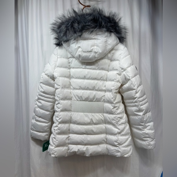 Nautica Puffer Jacket Womens XL White Black Quilted Faux Fur Removable Hood - Picture 3 of 15